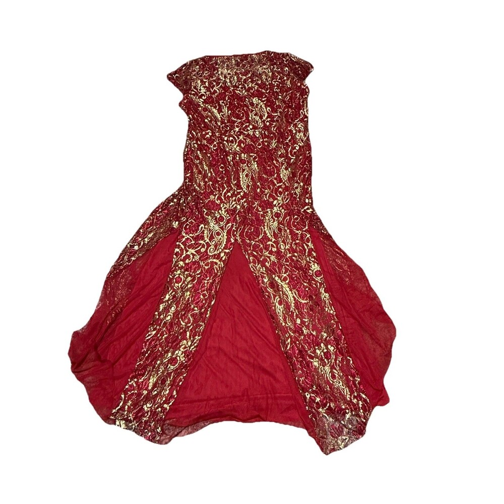 candalite warrens red and gold metalic lace mermaid maxi dress 2x